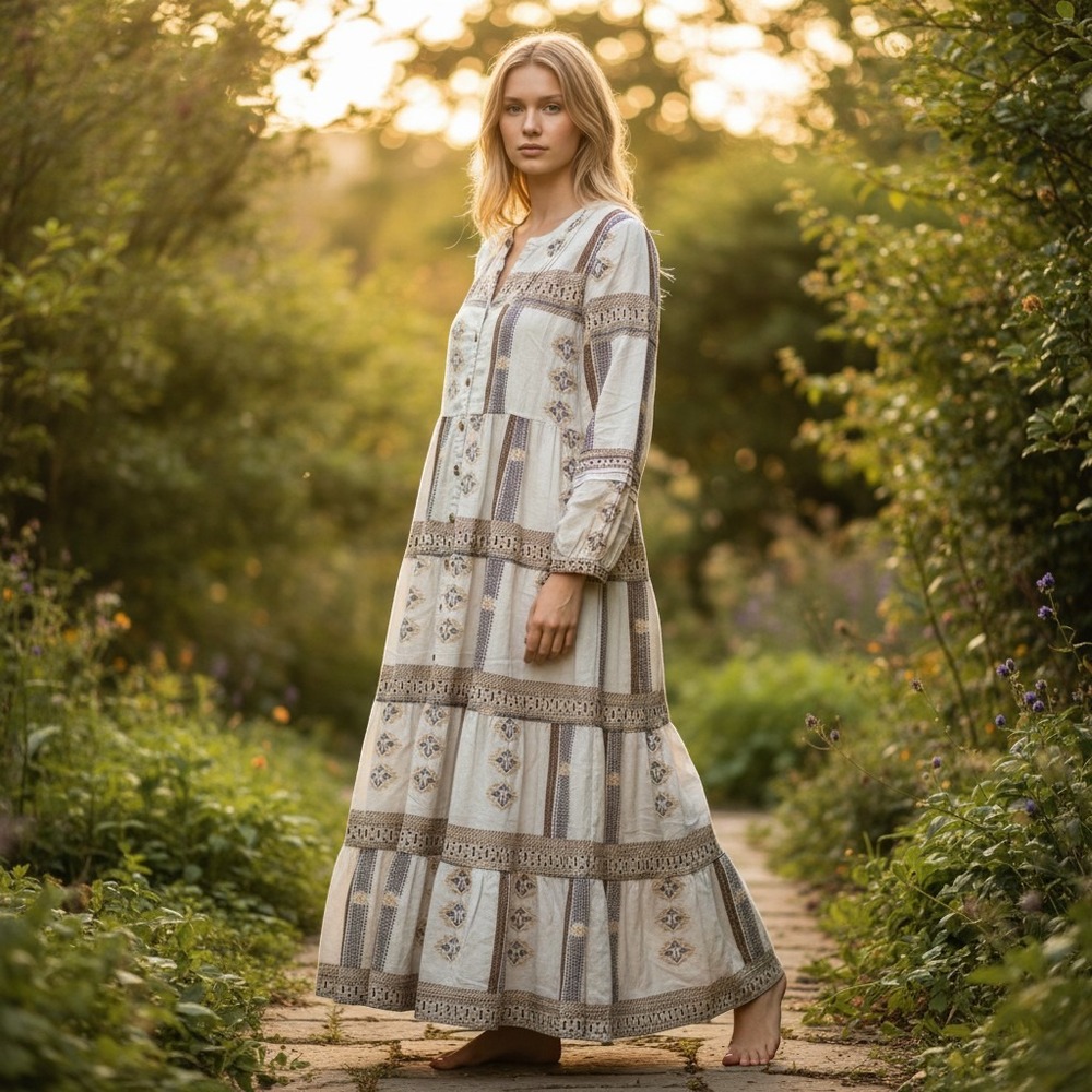 Universal Thread Women Maxi Dress White Brown Embroidered M Boho